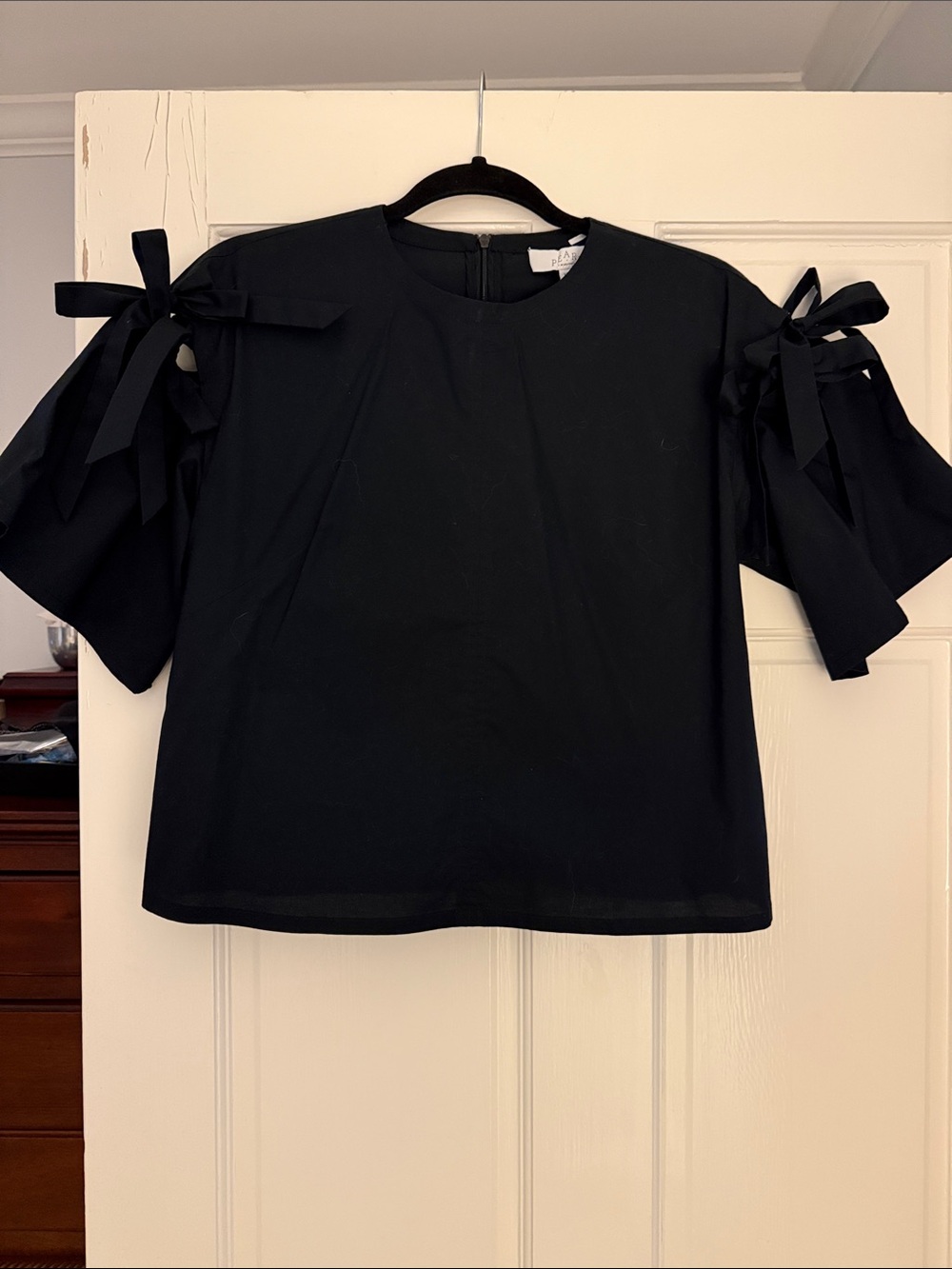 Pearl Black Short-Sleeve Bow Detail Blouse